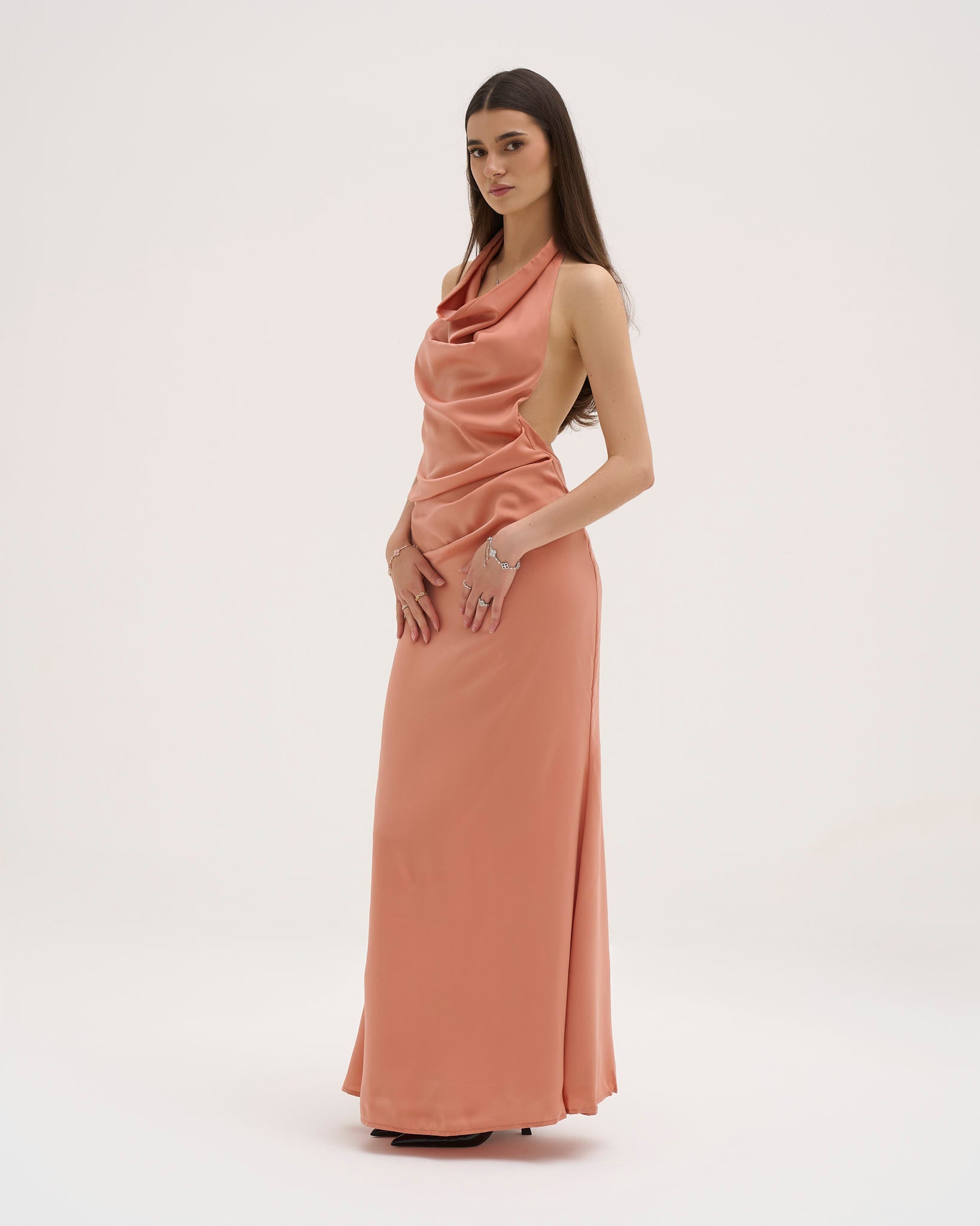 coral satin maxi dress Women's Waterfall One Shoulder Satin Maxi Dress, Coral