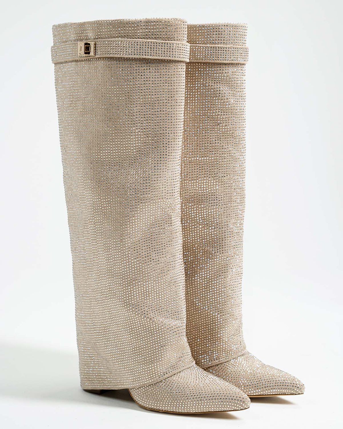 Diva Sequin Knee High Boots - Beige