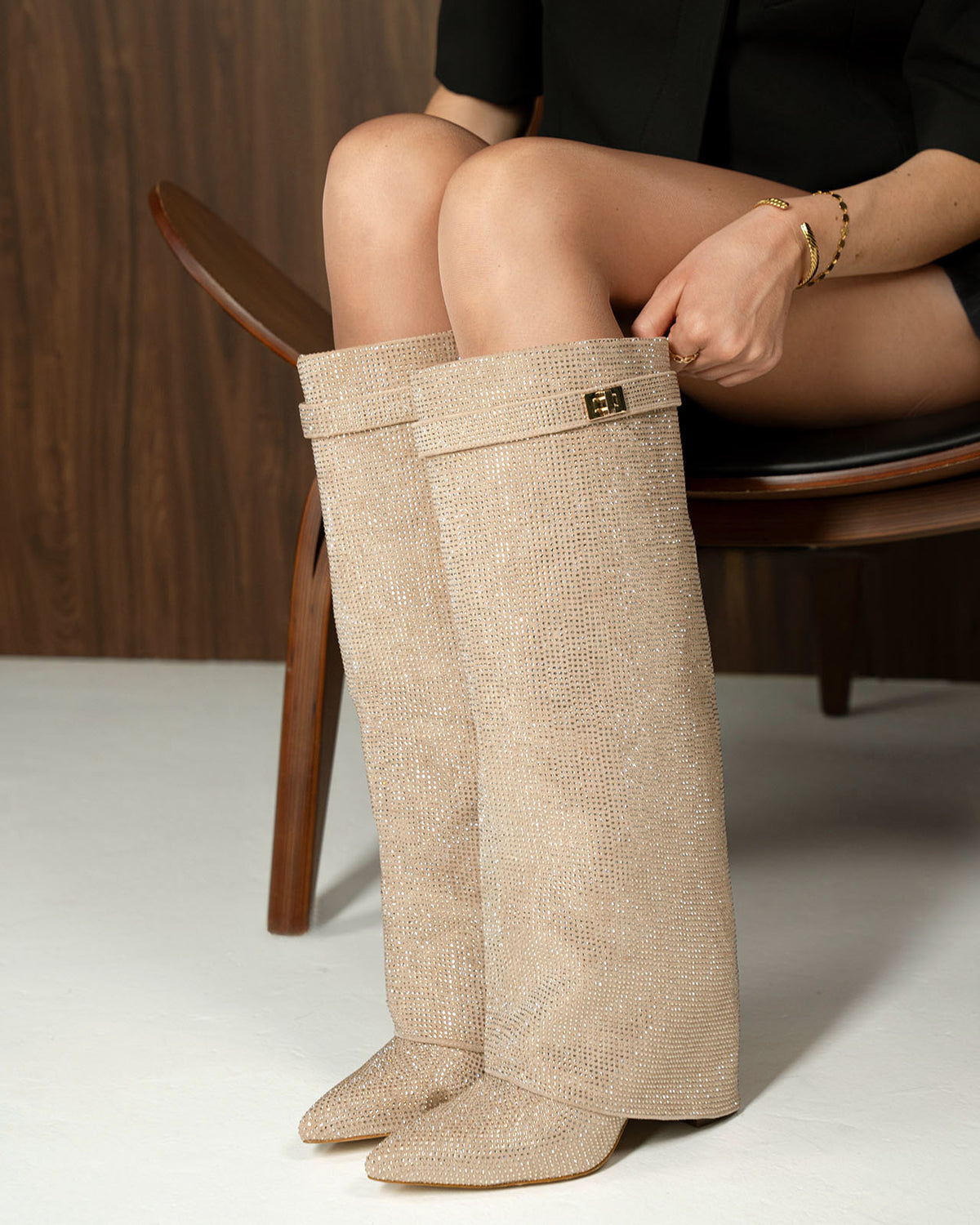 Diva Sequin Knee High Boots - Beige
