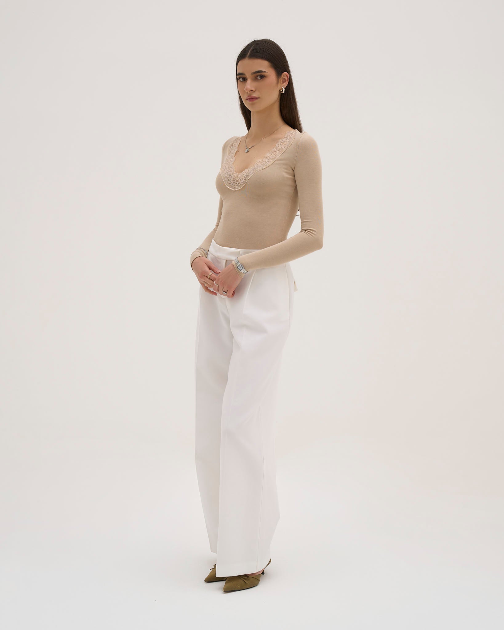 Calina Long Lace Top - Beige