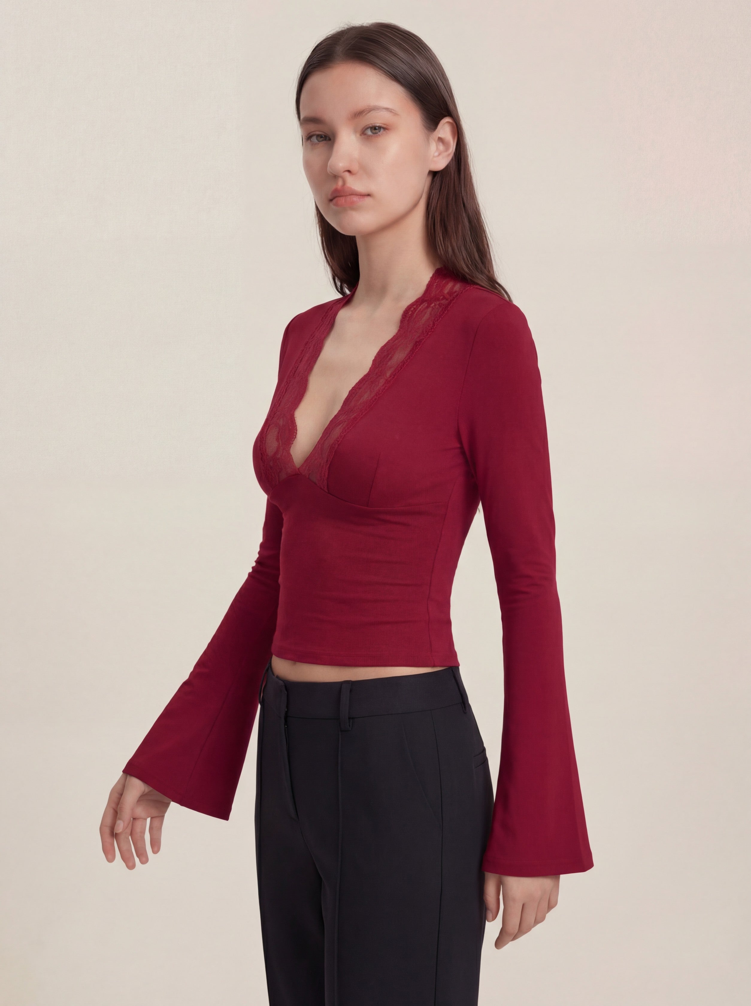 Maya Long Sleeve Lace Top - Wine Red