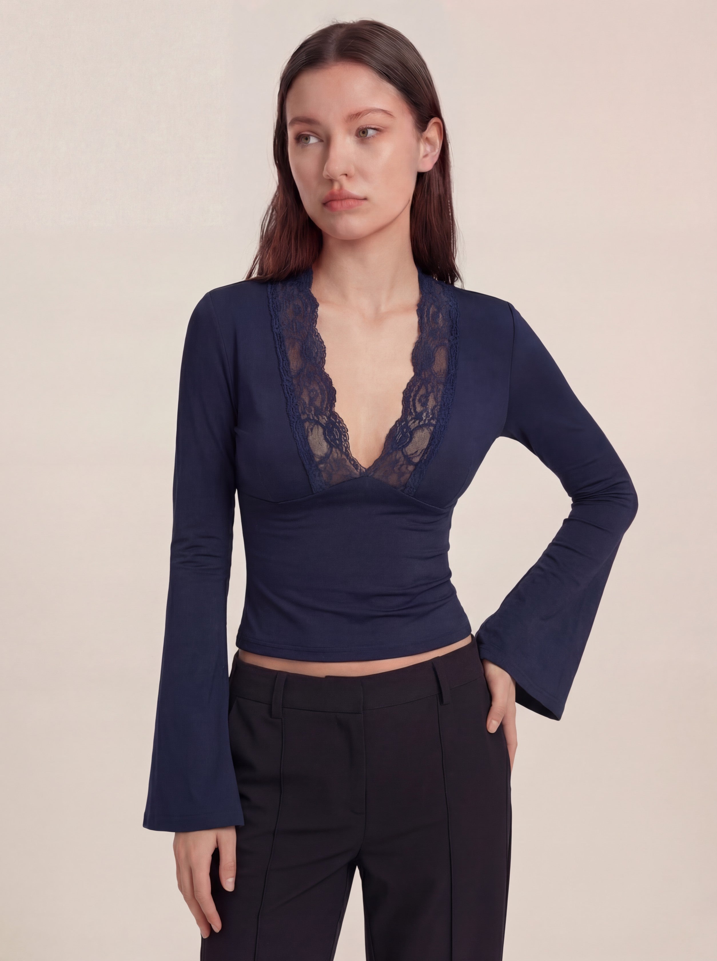 Maya Long Sleeve Lace Top - Navy Blue