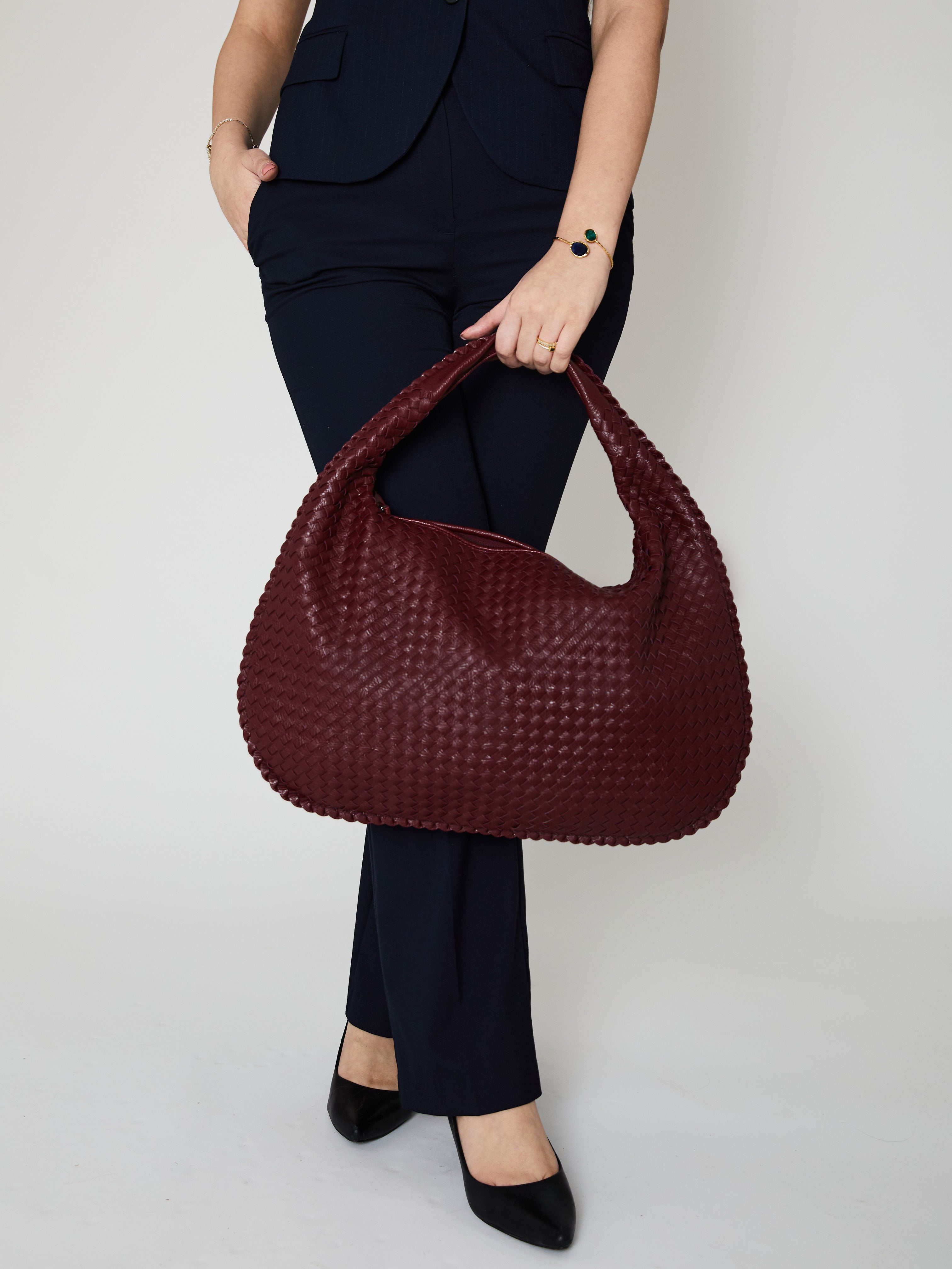 Large everyday store burgundy handbag, red vegan leather crossbody tote purse with zipper