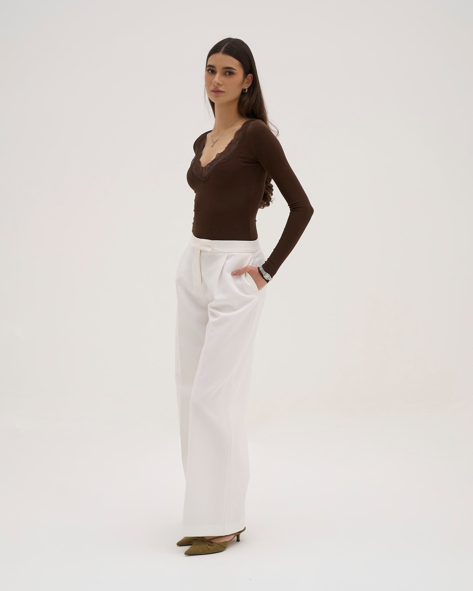 Calina Long Lace Top - Brown