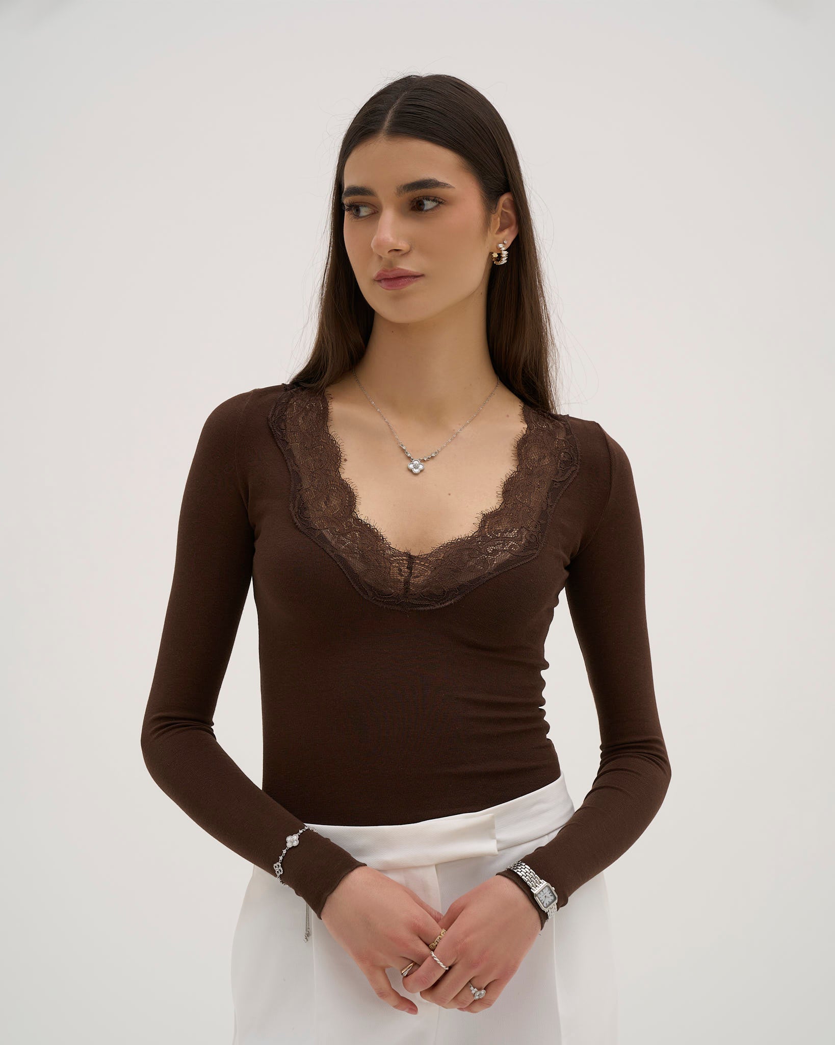 Calina Long Lace Top - Brown