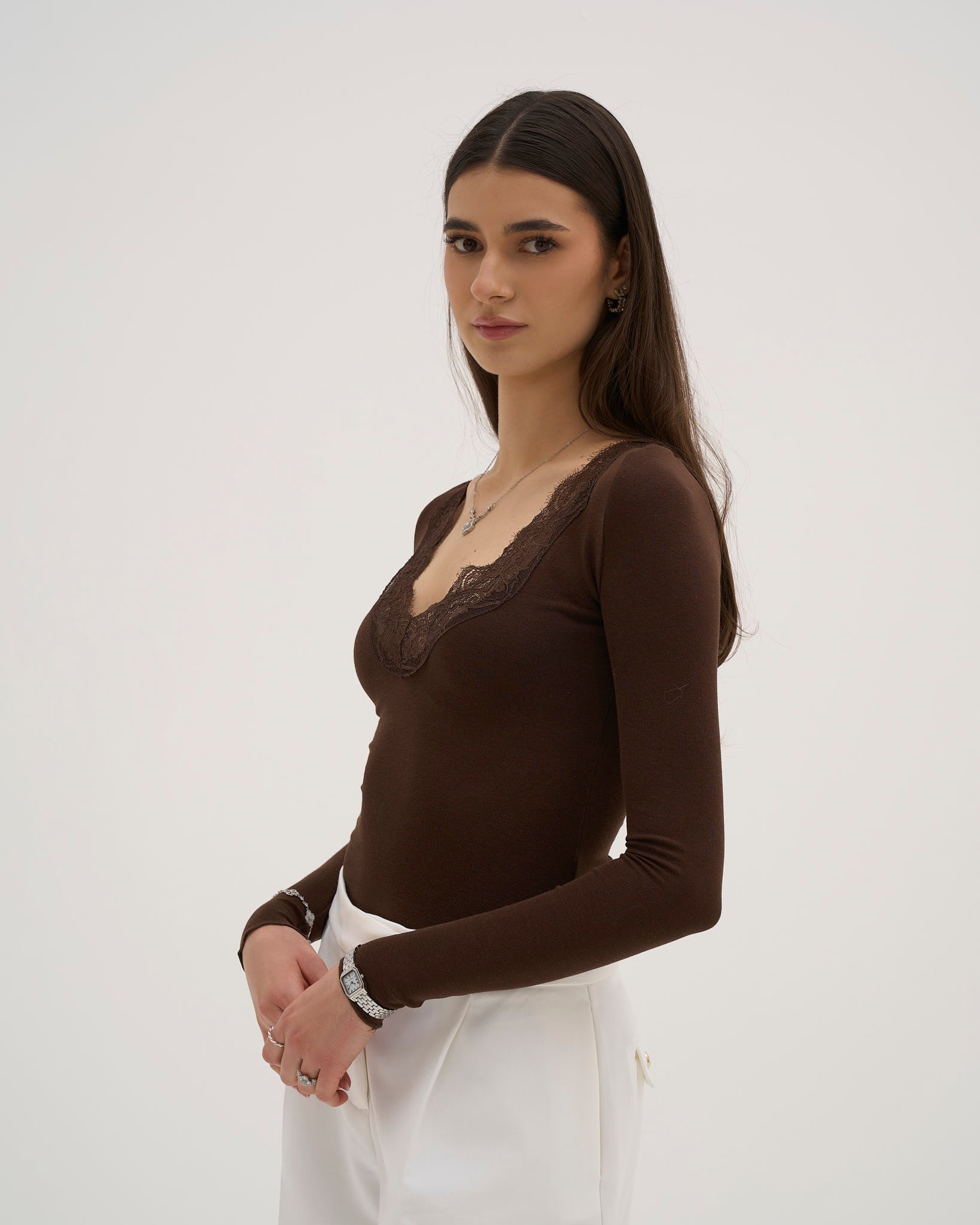 Calina Long Lace Top - Brown