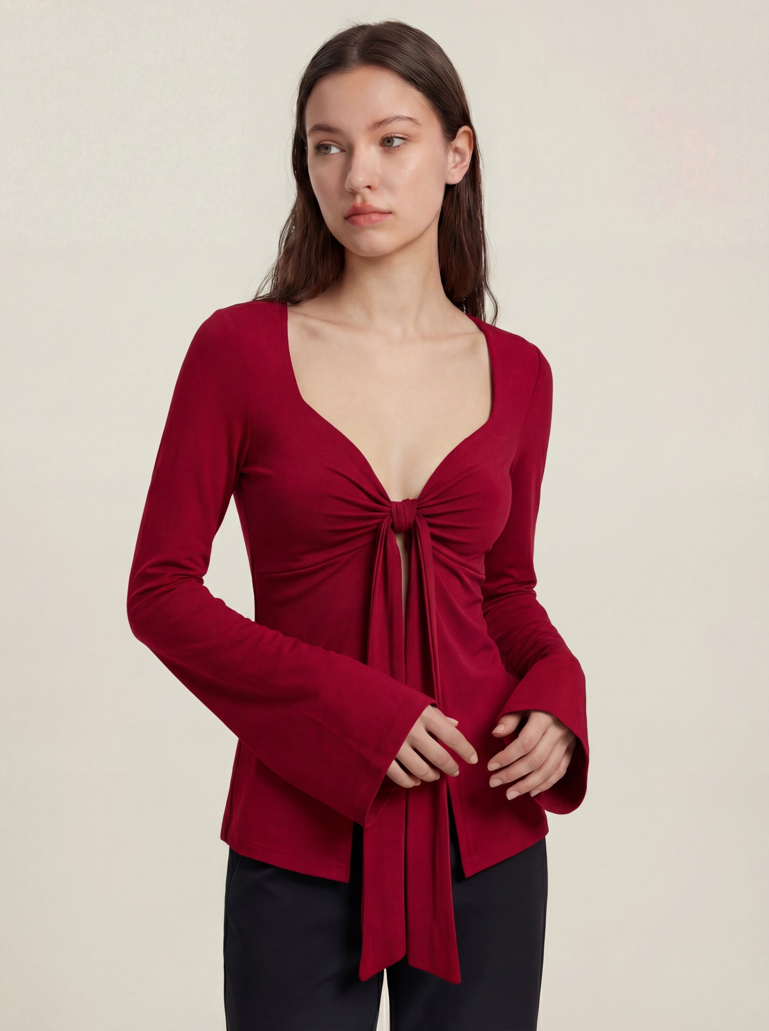 Estella Langärmliges Oberteil mit Bindeband vorn - Weinrot