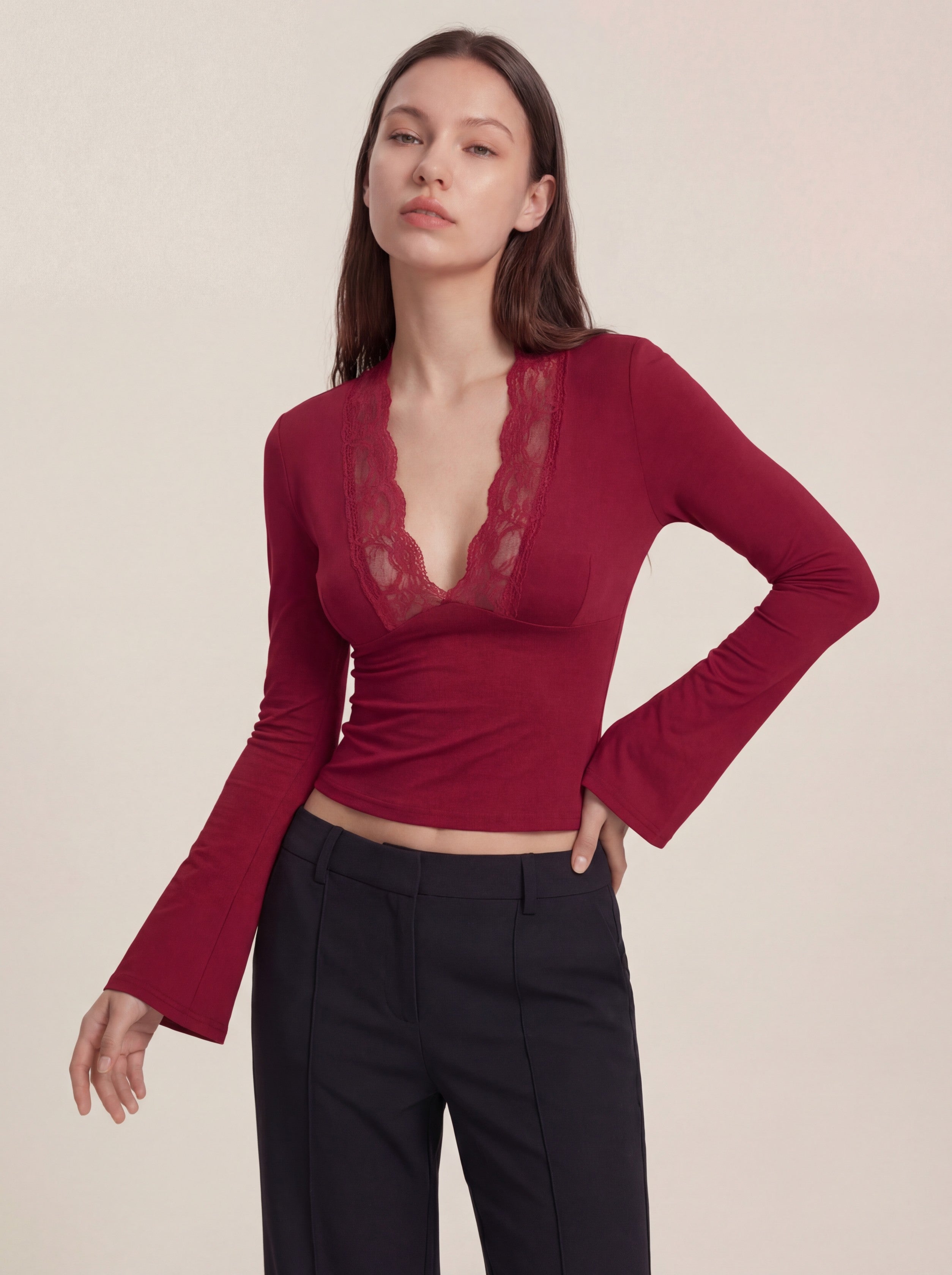 Maya Long Sleeve Lace Top - Wine Red